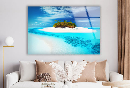 Highlighting the focal point, this tropical island escape glass print offers unique modern wall decor with its vibrant turquoise waters and pristine white sand.