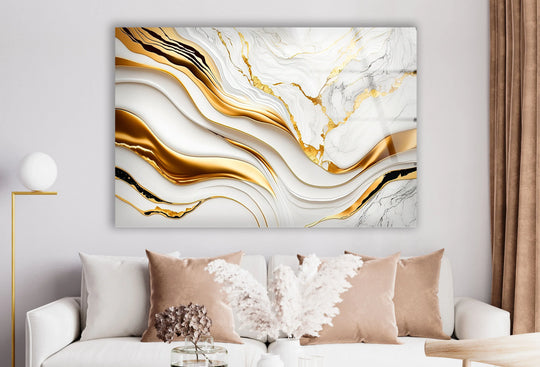 Minimalist white and gold abstract glass print decor creating a serene negative space with flowing luxury.