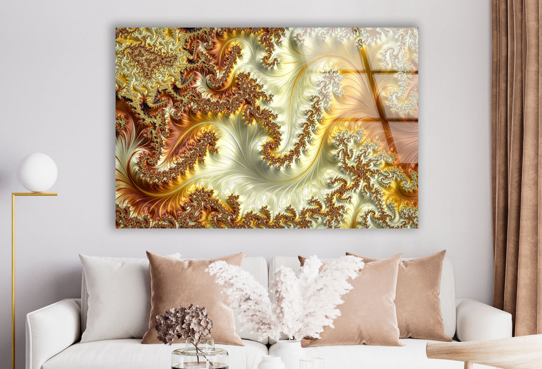 Goldene fraktale Wirbel Wandkunst – Abstrakter Spiralglasdruck 