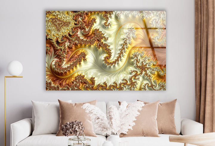 Goldene fraktale Wirbel Wandkunst – Abstrakter Spiralglasdruck 