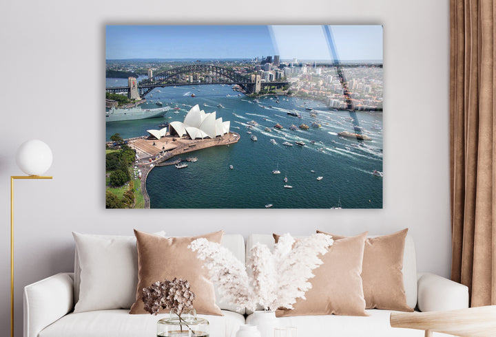 Glaswandkunst des Sydney Opera House – Ikonischer Blick auf Australiens Wahrzeichen und die Harbour Bridge