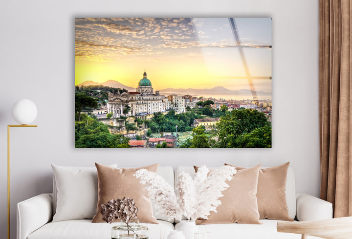 Glaswandkunst mit Blick auf die Skyline von Neapel bei Sonnenuntergang – Ikonisches italienisches Stadtbild mit Blick auf den Vesuv