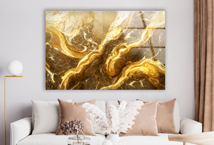 Abstrakte Wandkunst aus goldenem Marmor – Eleganter Glasdruck für Innenräume 