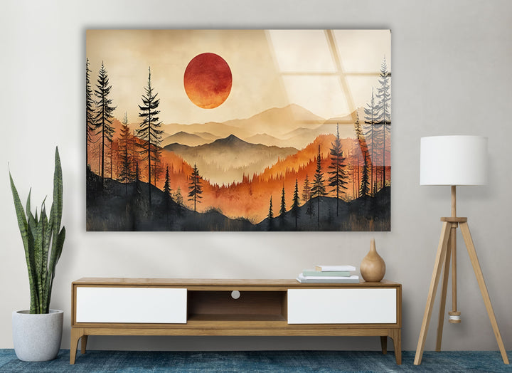 Majestic Mountain Sunset – A Calming and Elegant Glass Art Piece

