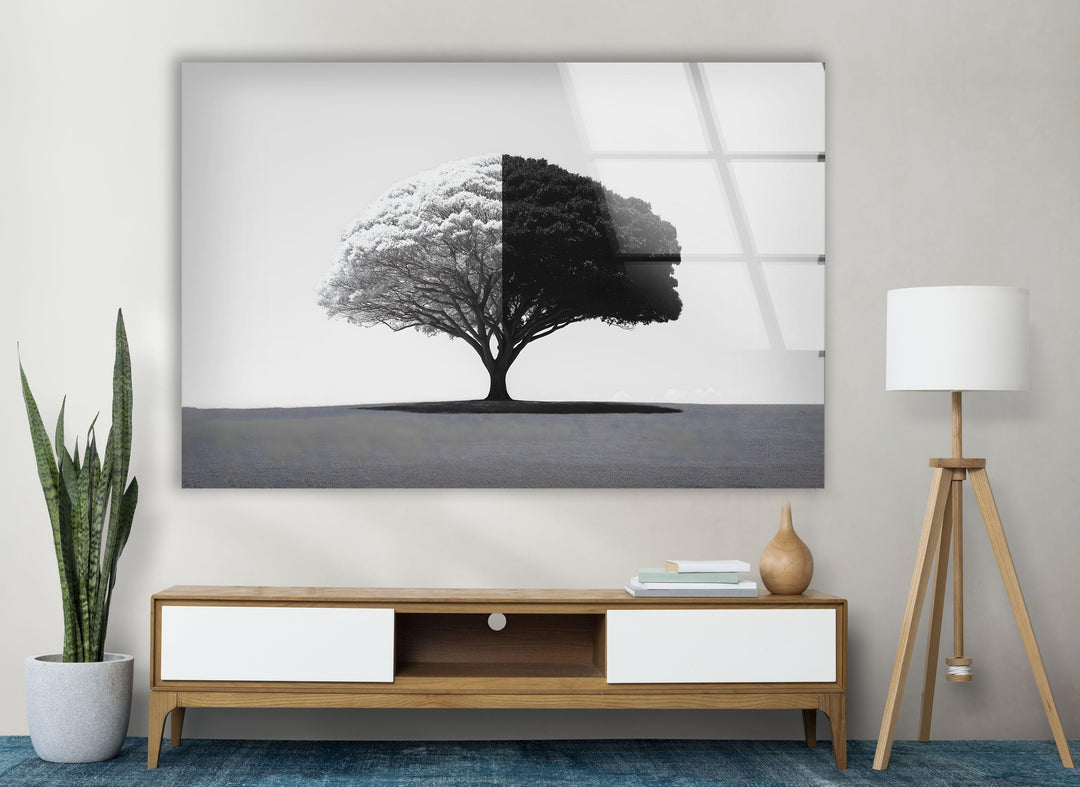Black and White Tree Glass Wall Art print picture on glass, Tempered Glass Wall Art
