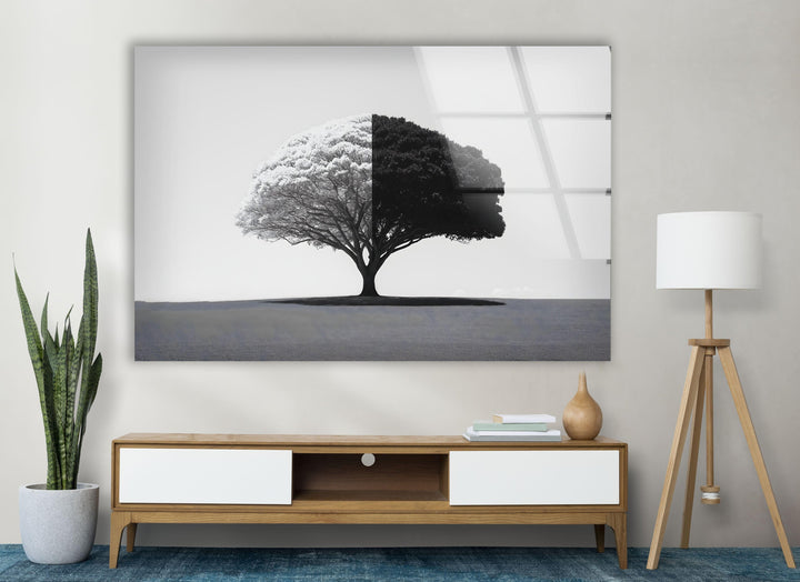 Black and White Tree Glass Wall Art print picture on glass, Tempered Glass Wall Art
