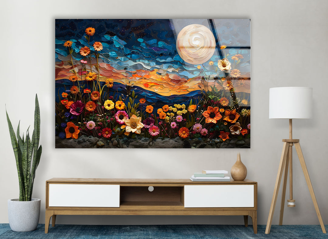 Oil Art Night Sunset & Flowers Glass Wall Art art glass wall art, glass wall art pictures
