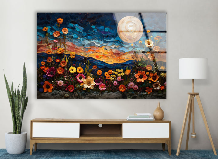 Oil Art Night Sunset & Flowers Glass Wall Art art glass wall art, glass wall art pictures
