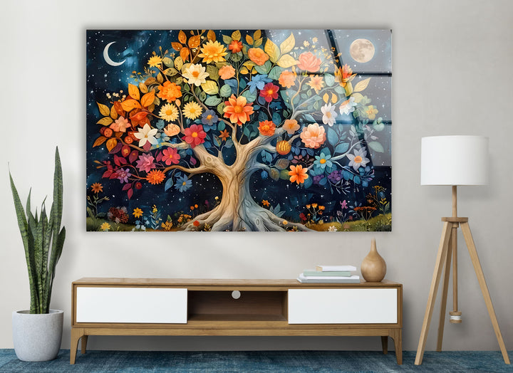 Colored Flower Tree Night Glass Wall Art photo print on glass, prints on glass wall art
