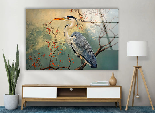 Minimalist glass wall art decor features a serene heron on a blossoming branch with ample negative space.