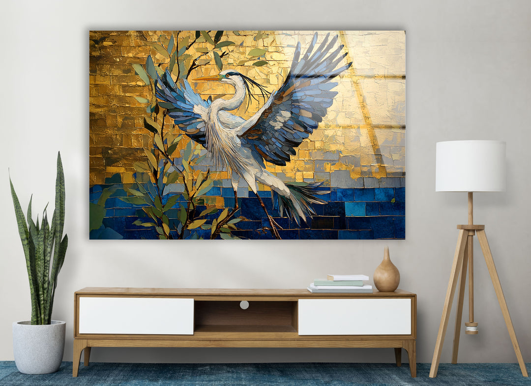 Golden Ascent – ​​Reiher im Flug – Glaswandkunst
