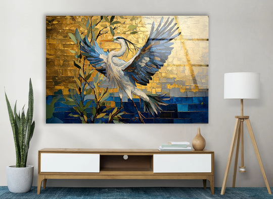 Serene glass art captures a heron's graceful ascent against a shimmering golden mosaic, evoking tranquility.