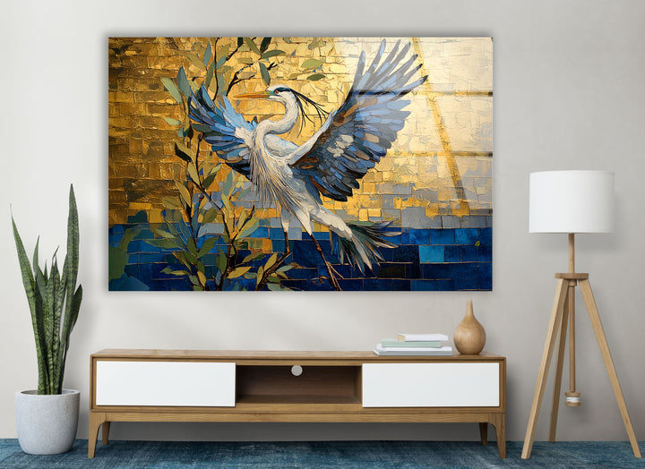 Golden Ascent – ​​Reiher im Flug – Glaswandkunst