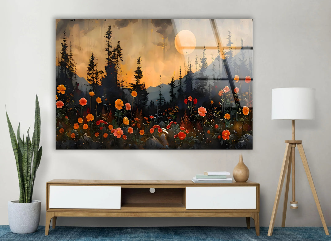 Full Moon & Flowers Glass Wall Art glass pictures for Wall, glass prints wall art
