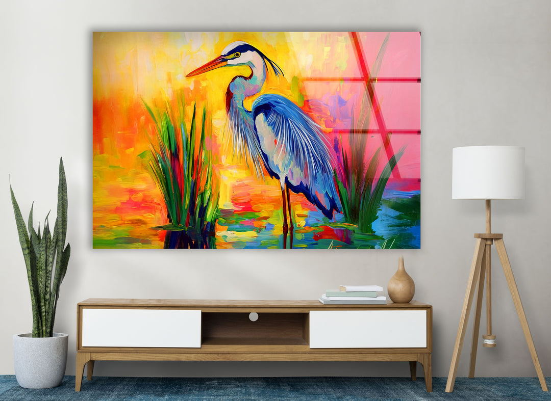 Lebendiger Reiher – Abstrakte Farbspritzer-Glaswandkunst