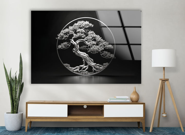 Bonsai Tree Silver Glass Wall Art custom glass photo prints, large glass prints
