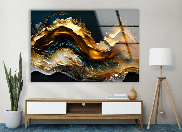 Golden Wave Abstract Wall Art – Luxury Glass Print for Interiors