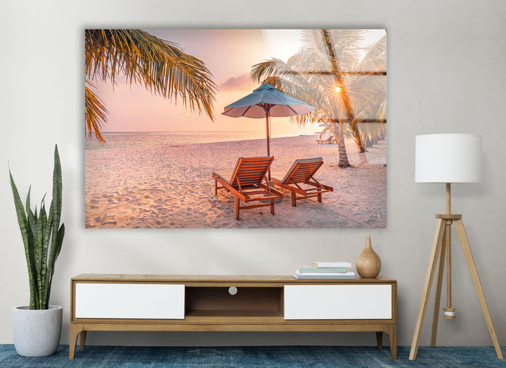 Tropical Beach Sunset Wall Art – Relaxing Seaside Glass Print