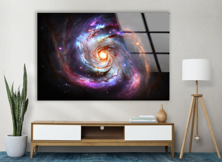 Galaktische Spirale Wandkunst – Lebendiger Weltraumnebel-Glasdruck 