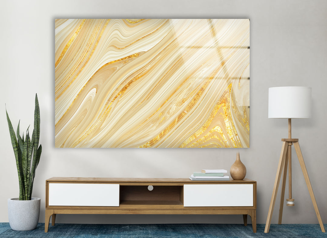 Golden Swirl Wall Art – Abstract Marble Glass Print for Luxe Spaces