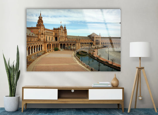 Reflecting the surface texture of the Plaza de España glass art, you can see the subtle intricacies that showcase this iconic Spanish landmark with its scenic canal view on sleek glass art.