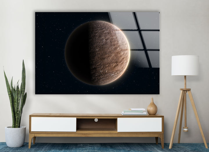 Wandkunst auf der Mondoberfläche – Minimalistischer Weltraum-Glasdruck 