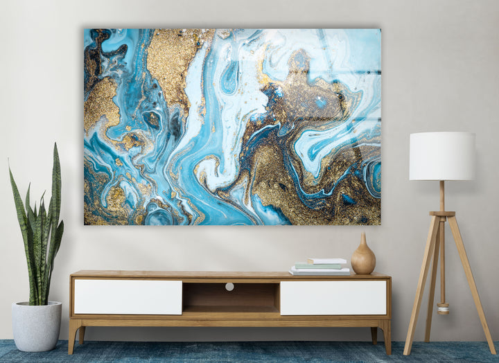 Türkis &amp; Gold Marmor Wandkunst – Abstraktes Glasdruck Dekor 
