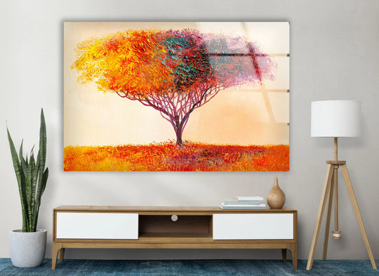 The layering effect in this colorful tree wall art showcases the vibrant abstract nature print through the exquisite details of the glass wall art decor.