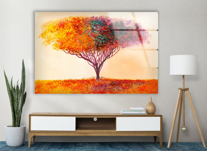Farbenfrohe Baum-Wandkunst – Lebendiger abstrakter Naturdruck auf Glas 