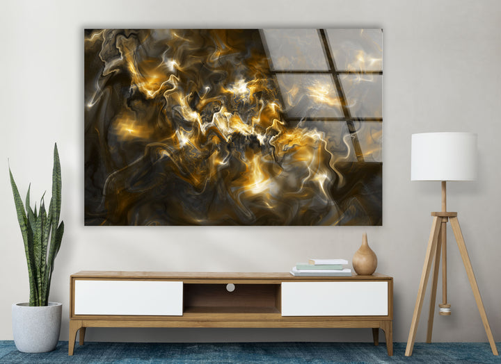 Golden Energy Wall Art – Abstract Marble Glass Print for Interiors
