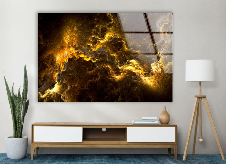 Golden Storm Nebula Wandkunst – Abstrakter kosmischer Glasdruck 