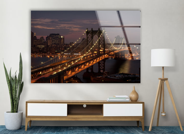 Brooklyn Bridge Glaswandkunst – Atemberaubender Nachtblick auf die ikonische