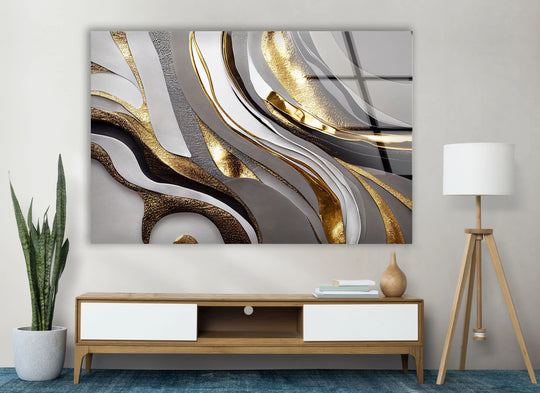 Luxury silver & gold abstract glass art featuring intricate depth and flowing layers that create a mesmerizing visual experience.