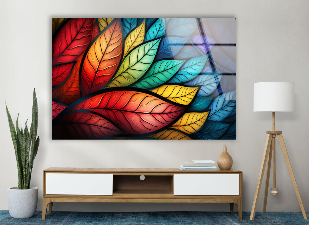Vibrant Rainbow Leaves Wall Art – Colorful Abstract Glass Print