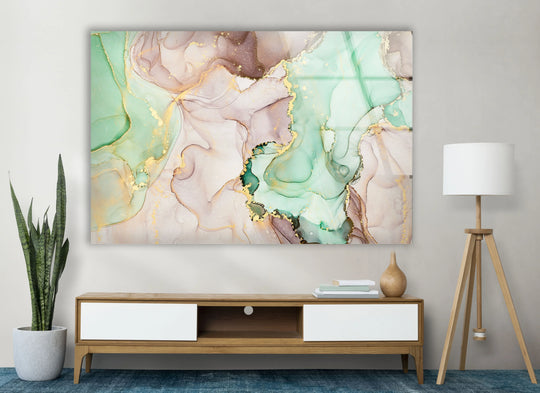 Mint and gold marble glass art painting featuring sharp geometric lines within abstract fluid forms.