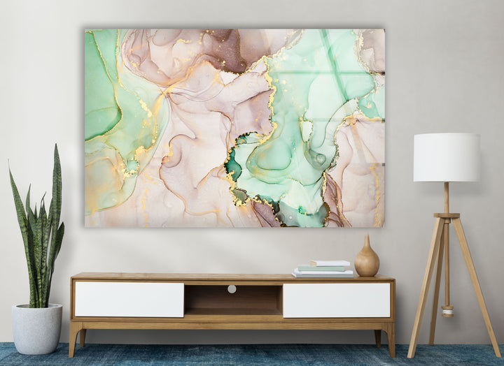 Mint & Gold Marble Wall Art – Pastel Abstract Glass Print Decor