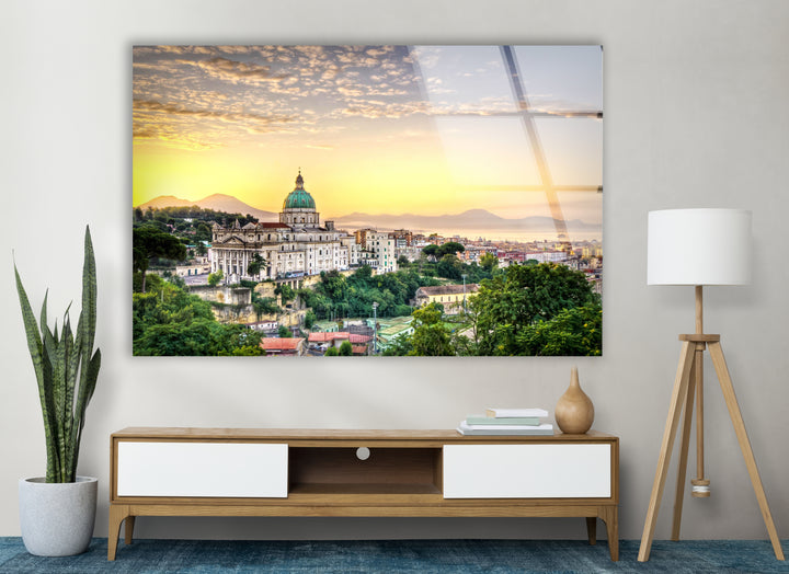 Glaswandkunst mit Blick auf die Skyline von Neapel bei Sonnenuntergang – Ikonisches italienisches Stadtbild mit Blick auf den Vesuv