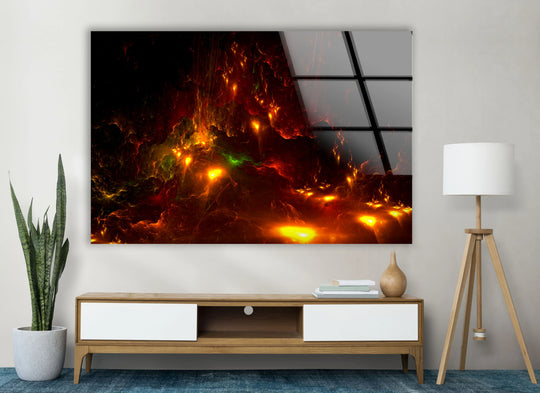 Fiery nebula glass wall art prints depicting a vibrant cosmic explosion of reds and yellows.