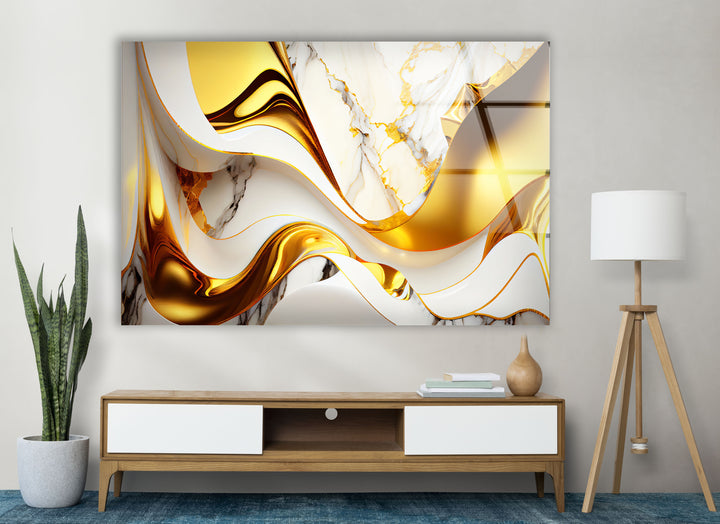 Gold Wave Marble Wall Art – Abstract Glass Print for Luxe Interiors
