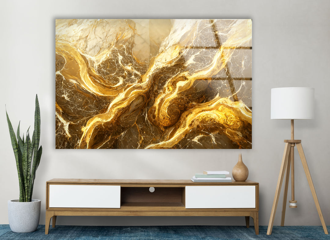 Abstrakte Wandkunst aus goldenem Marmor – Eleganter Glasdruck für Innenräume 