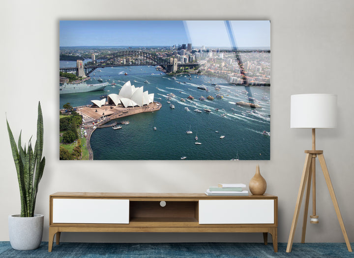 Glaswandkunst des Sydney Opera House – Ikonischer Blick auf Australiens Wahrzeichen und die Harbour Bridge