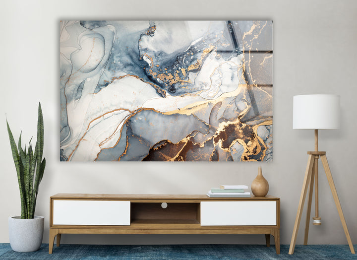 Luxury Blue & Gold Marble Wall Art – Elegant Abstract Glass Print