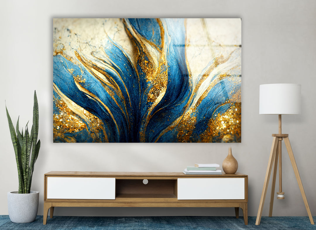 Abstrakte Wandkunst in Blau und Gold – Luxuriöser Glasdruck für glamouröse Innenräume 