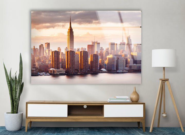 Glaswandkunst des Empire State Buildings – Atemberaubende Skyline von NYC bei Sonnenuntergang
