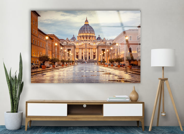 Glaswandkunst Vatikanstadt – Majestätischer Blick auf den Petersdom in der Abenddämmerung