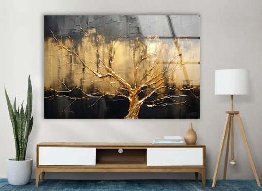 Abstract gold tree print wall art with textured layers on glass creates a striking sense of depth.