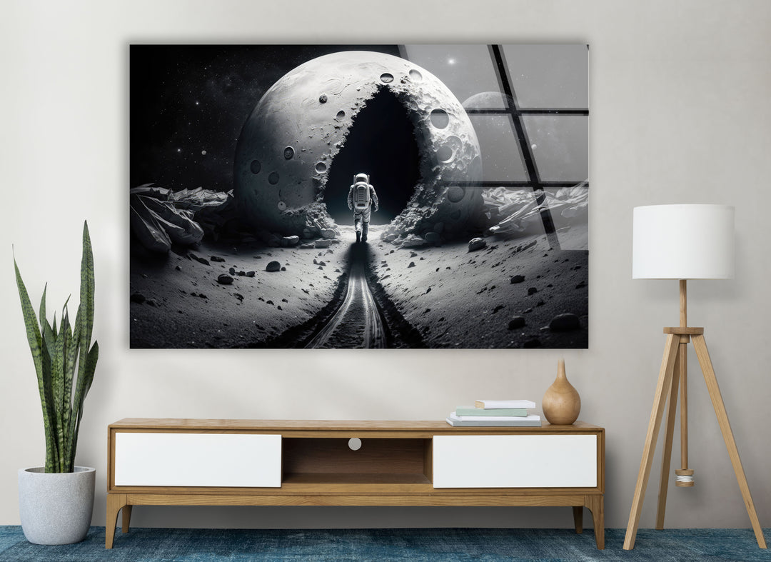 Astronaut Moonwalk Wall Art – Surreal Space Glass Print