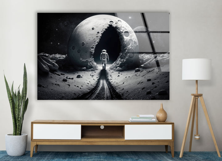 Astronaut Moonwalk Wall Art – Surreal Space Glass Print
