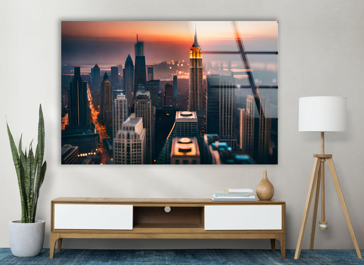 Empire State Building Wandkunst – NYC Skyline bei Sonnenuntergang Glasdruck 