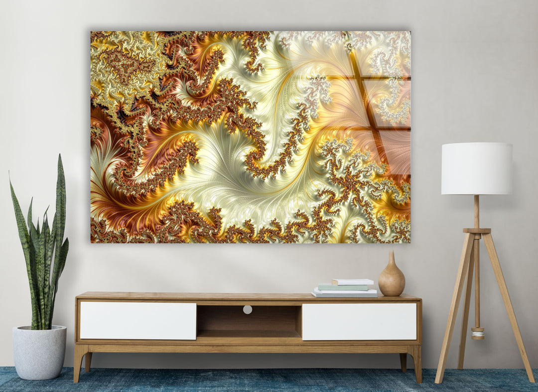 Goldene fraktale Wirbel Wandkunst – Abstrakter Spiralglasdruck 